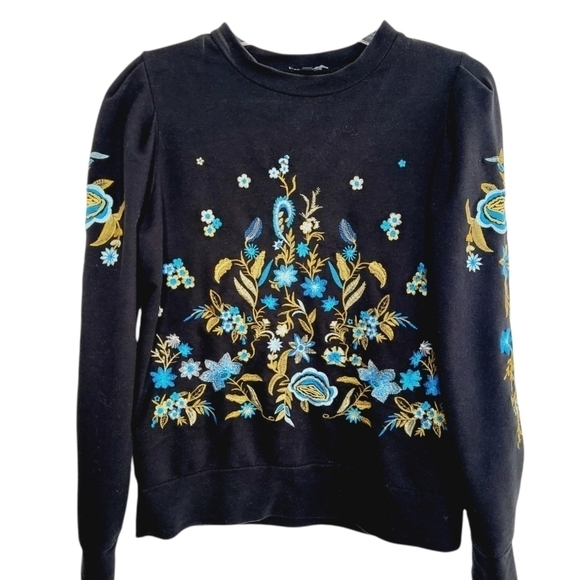DREW Embroidered Floral Sweatshirt Black Rouged Shoulders Rouged Handcuffs Small - Picture 1 of 14